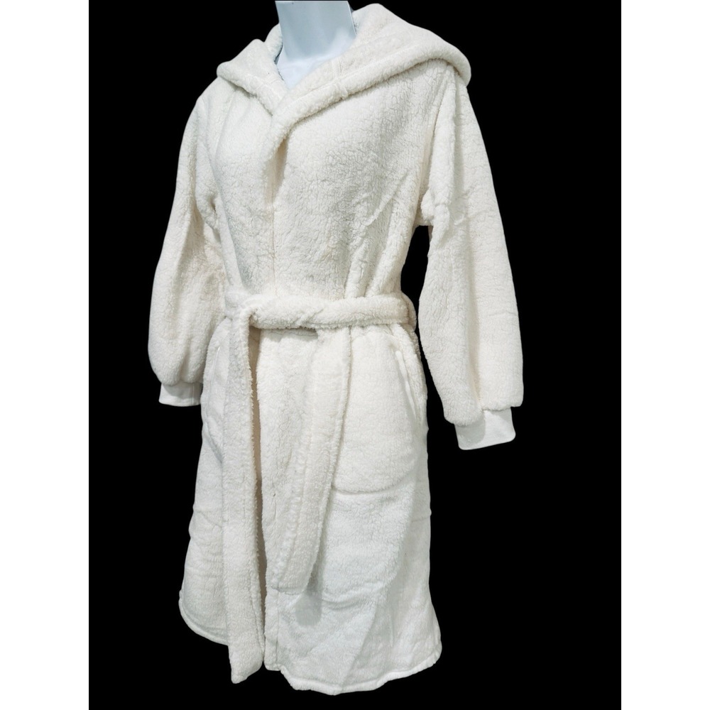 Pottery Barn Coziest Teddy Robe Small Ivory White Hooded Plush Fleece Belted - Picture 3 of 10